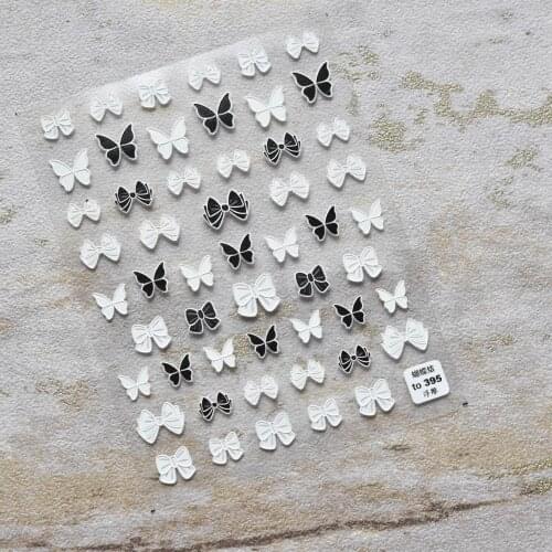 1 Pc 3D Black White Bow Butterfly Nail Stickers Embossed Waterproof Water Slide Adhesive Nail Decals Manicure Decoration MJ15