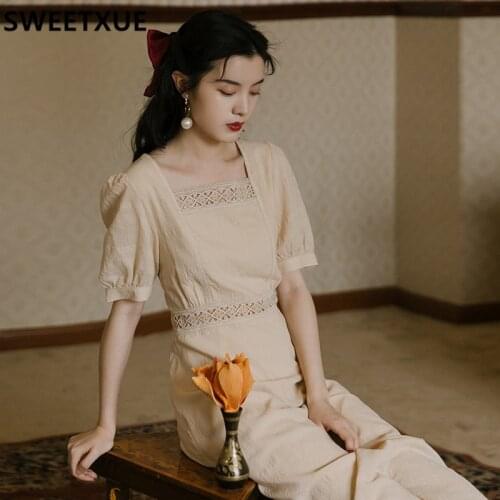 SWEETXUE French Square Collar Retro Long Dress Womens Fashion Elegant Female 2021 Chic Vestidos Robe