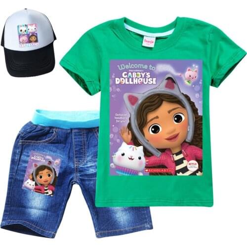 Summer Kids Gabbys Dollhouse T-shirt Girl Christmas Outfit 3D Cartoon Printed Pullovers Fashion Girls Sports T Shirts+Jeans Set