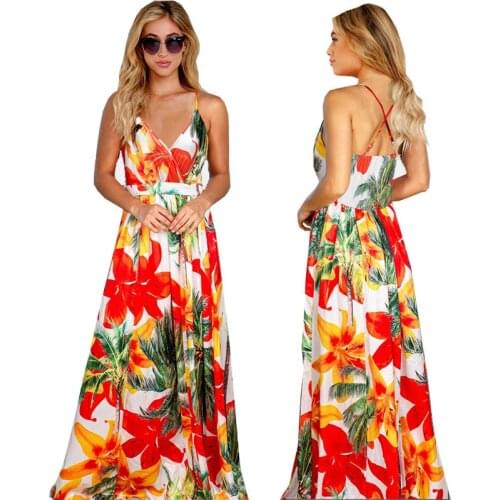Summer Sling Long Dresses Women Sexy V-Neck Backless Floarl Print Party Beach Boho Maxi Dress Lady Casual Sundress