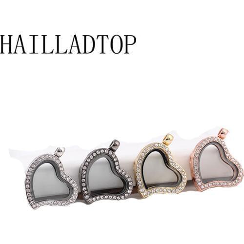 Heart Shape Magnetic Glass Floating Charm Locket With Rhinestones Glass Lockets Quartz Crystal Pendant Fashion memory locket