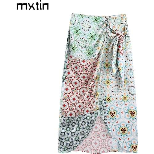 MXTIN 2021 Women Summer Vintage Patchwork Print Split Midi Skirts Fashion High Waist Bow Tie Ladies Skirts Casual Vestidos Mujer