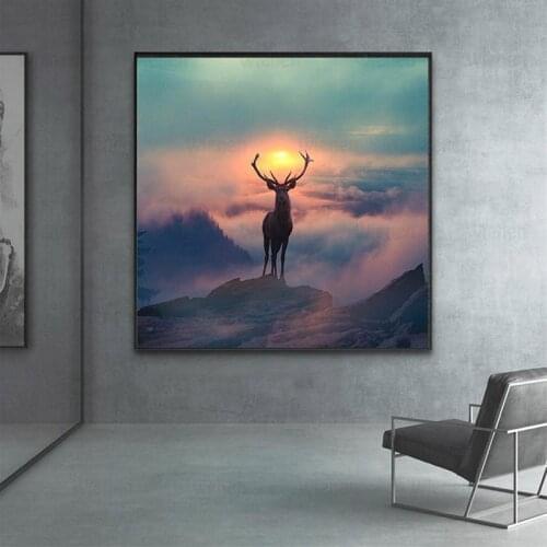 Nordic Style Forest Sunrise Elf Deer Canvas Painting Animal Landscape Posters and Prints Wall Art Picture for Modern Home Decor