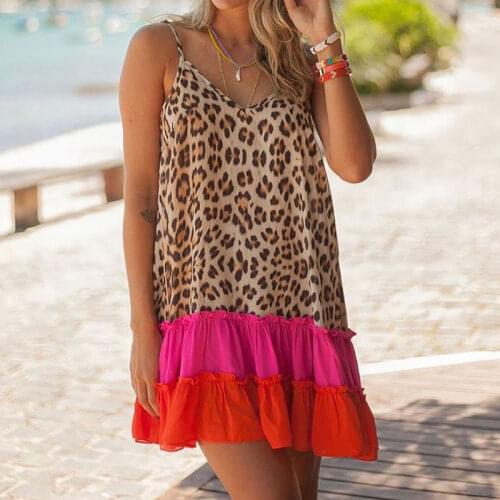 BAMBOOBOY 2021 New Summer Women Leopard Patchwork Contrast Color Spaghetti Strap Casual Beach Mini Dress FD296