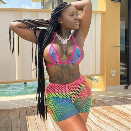 Tie Dye Print Beach Wear 3 Piece Set Women Summer Vacation Outfits Sexy Crop Top Shorts Bikinis Set Mesh Sheer Bathing Suits