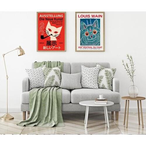 Cat Art Exhibition Canvas Paintings Pet Themed Posters Wall Pictures Blue and Red Modern Colorfu Home Decor