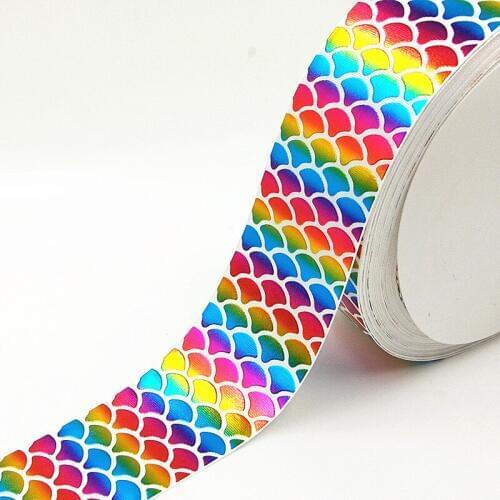 Q&N ribbon 3inch 75mm colorful fish scales foil printed grosgrain ribbon webbing 50yards/roll for headband free shipping