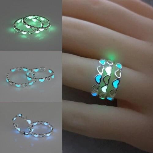 Adjustable Luminous Ring Silver Color Heart Shape Rings For Womens Glowing Ring Couple in the Dark Fashion Jewelry Gift