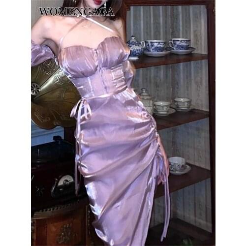 WOMENGAGA French Romantic Party Dress Strapless Sweet Hot Sexy Korean Women Purple Bandage Irregular Long Maxi Dresses M8M7