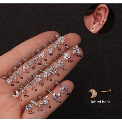 1PC Floral Star Heart Cross Flower Crown Bar Cartilage Piercing Stud Helix Tragus Conch Rook Labret Back Piercing Jewelry