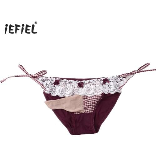 Mens Lingerie Lace-up Plaid Patchwork Briefs Low Waist Bulge Pouch Panties Lace Trimming Bowknots Underpants Sissy Gay Underwear