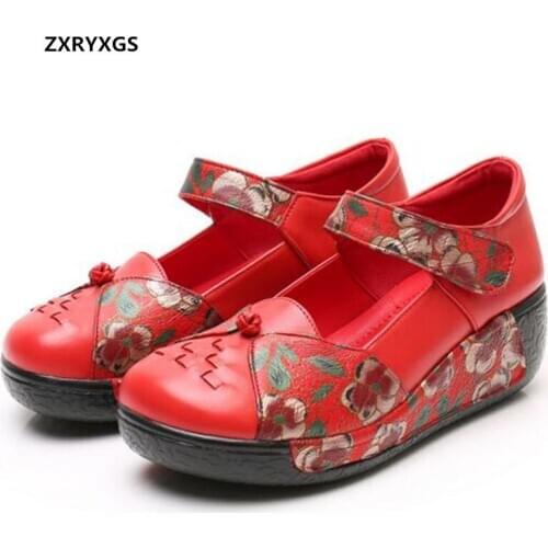 2021 New Classic High Quality Cowhide Printing Genuine Leather Shoes Platform Wedge High Heel Shoes Comfortable Womens Shoes
