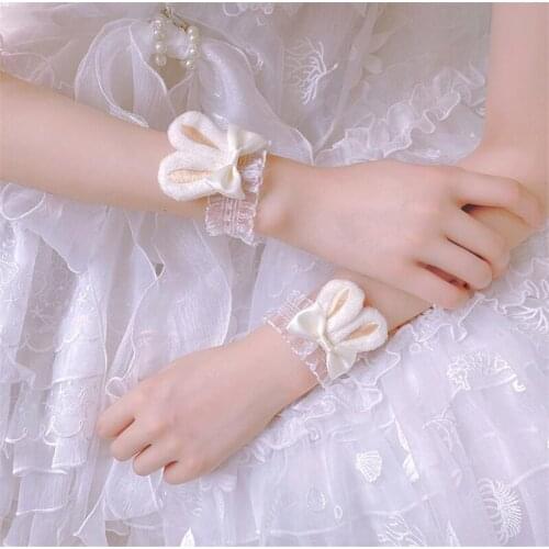 Lolita Rabbit Ear Hand Wrist Cuffs Bowknot Lace Trim Maid Cosplay Women Girl Party Accessories D723