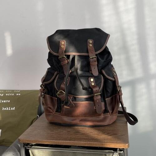 VZVA Vintage Laptop Rucksack For Men Canvas Leather Backpack College School Bookbag Weekend Travel Daypack