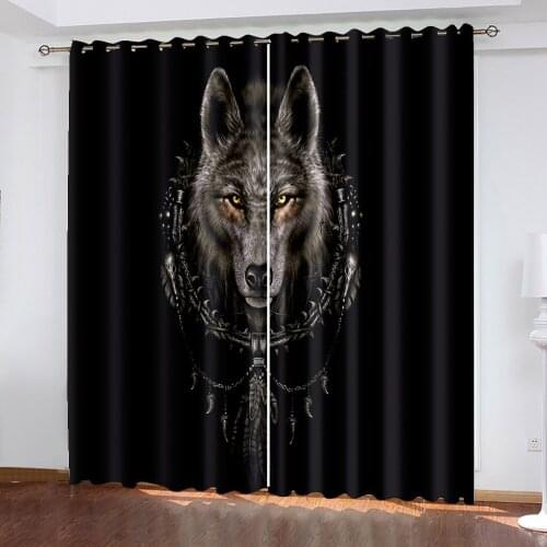 Home Decoration Grommet Curtain Living Room Bedroom Black Silk Cloth Curtains Blackout 90% Wolf Totem Pattern Printing