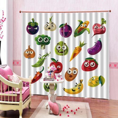 Custom Anime Curtains Various Vegetables and Fruits with Kawaii Faces Healthy Food as Sweet Characters Curtains For Bedroom