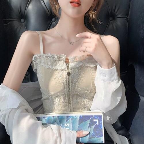 Vest Womens Summer Lace Sling All-match Outer Wear With Chest Pad Inside With a Bottoming Tube Top Zipper Crop Top