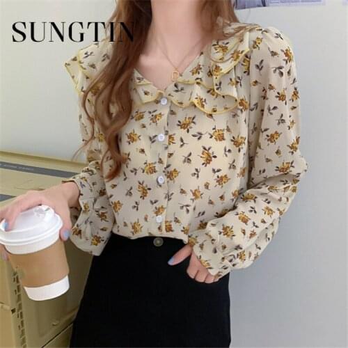 Sungtin Peter Pan Collar Korea Floral Printing Shirts 2021 Women Sweet Elegant Female Blouses Flower Tops Spring Summer Fashion