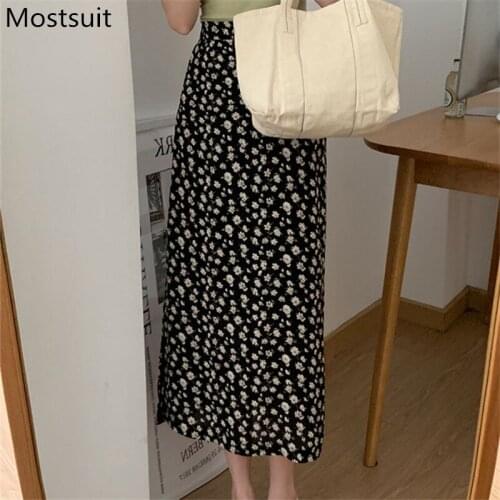 2021 Summer Floral Printed Chiffon Skirt Women High Waist Straight Midi Skirt Korean Vintage Fashion Splitting Skirt Femme