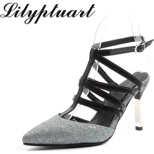 2020 New Fine Heel Hollow Pointed Toe Buckle Sexy Bandage Super High Heel Roman Womens Shoes Oversized Womens Sandals