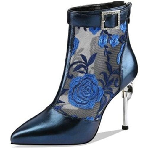 Women shoes 2020 cowhide mesh boots women hollow high heels fine heel mesh sandals women summer rhinestone pointed womens shoes