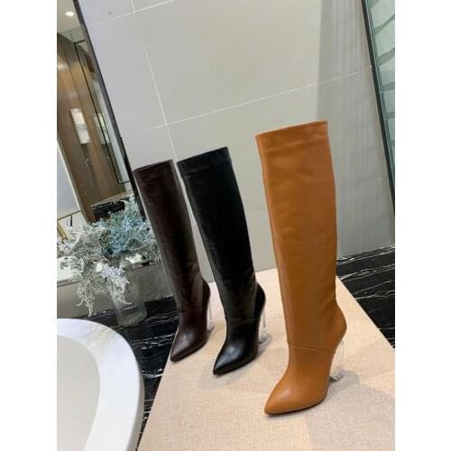 Carpaton Pointed Toe Women Boots Real Leather Transparent Spike Heels Knee High Boots Fashion Riding Boots Black