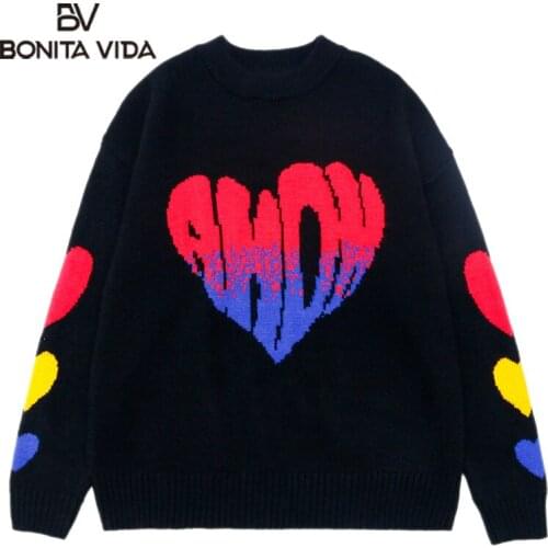Bonita Vida Colorful Love Print Knitwear Sweater Women Harajuku Hip Hop Streetwear Knitted Casual Kawaii Loose Pullover Tops
