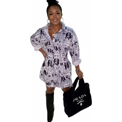 Full Sleeve Shirt Dress Women Fashion Newspaper Print Elastic Waist Corset Turn Down Collar 2021 Summer Streetwear Short Dresses