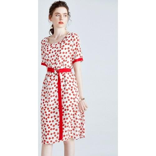 White Red Polka Dot Floral Silk Crepe Dresses Women 21 Summer Long Casual Sexy Office Work Daily Dress Plus Size Slim Fit A Line