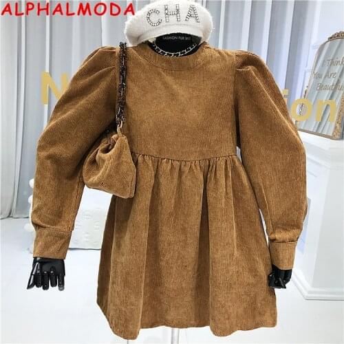 ALPHALMODA French Style Long Sleeved Corduroy + Hang Bag 2pcs Set 2020 Autumn Age-Reducing Trendy Solid Casual Women Dress