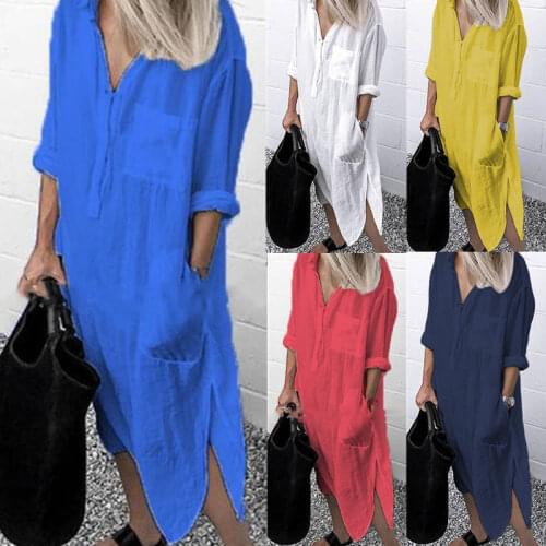 Summer Casual Turn-down Long Dresses Women Vintage Long Sleeve Split Shirt Dress Elegant Pocket Button Solid Oversized Dress