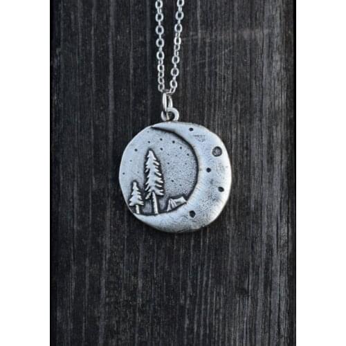 15PCS Pine Tree Charm With Big Moon Necklace Lovely Camping Under Bright Outdoor Style Penant Jewery