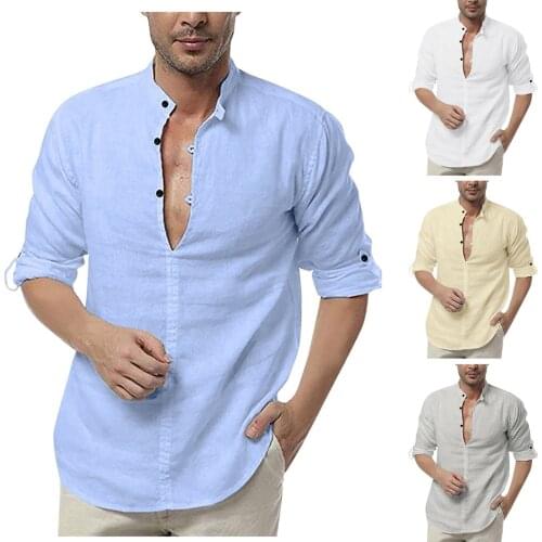 2021 Hot Sale Mens Long-sleeved Shirts Summer Solid Color Cotton Linen Stand-up Collar Casual Beach Style Plus Size #3