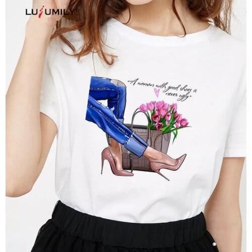 Lusumily White Print T Shirt Women Make Up Paris Style Loose Cotton Tshirt Female Summer Casual Tops Girl Tee Summer 2020 S-2xl