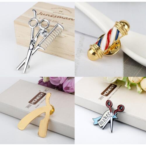 Barber Shop Hair Dresser Tools Razor Blade Brooch Barber Pole The Hair Scissors Badge Lapel Pins For Women Men Hairdresser Gift