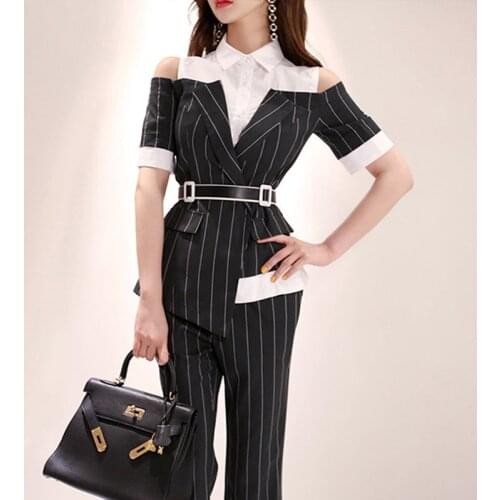 Long Pants OL Work Set 2020 Summer Women Single Breasted two-piece Set Stripe Bare shoulders Suits Female Blazer Jacket Pant