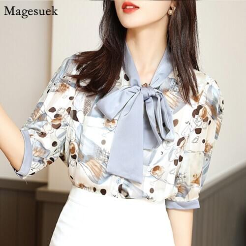 Short Sleeve Vintage Print Chiffon Shirt Tops New Summer Top Blouse Women Elegant Office Lady Casual Blouses Shirts Blusas 10084