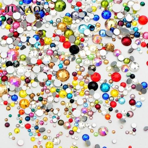 JUNAO 1400Pcs Mix Color Mix Size SS6-SS20 Glass Crystal Rhinestone Flat Back Nail Strass Sticker Glue On Crystal Diamond For DIY