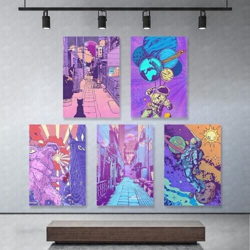 Canvas Painting Hd Purple City Build Street Printed Home Decoration Pictures Dinosaur Poster Wall Art For Living Room Artwork