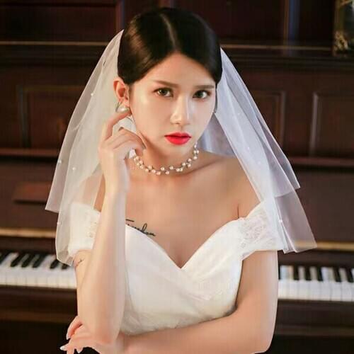 HONGFUYU Tulle White Ivory Wedding Veils Short Bridal Veil With Pearls Fairy Marriage Accessories Velos De Novia Shoulder Length