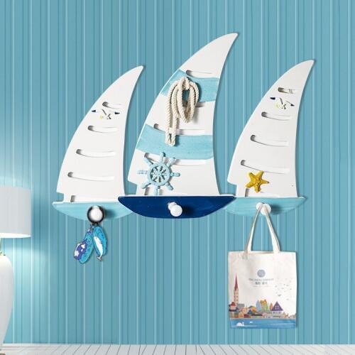 Creative Mediterranean Style Wall Key Hooks Blue Ocean Wooden Hooks Sailboat Shape Hanger Hook Home Bar Shop Decor Wall