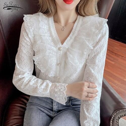 Sweet Lace Ruffle Blouse Womens Long Sleeve Tops Autumn V Neck White Shirt Womens Hollow Flower Female Clothing Elegant 17207