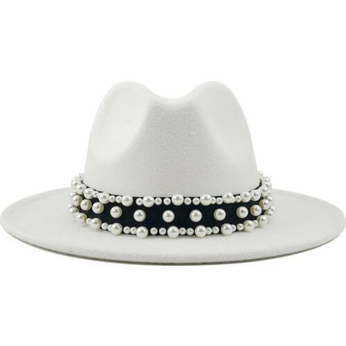 2020 Hot Men Women Wide Brim Wool Felt Fedora Panama Hat Pearl belt Jazz Trilby Cap Party Formal Top Hat In White,black