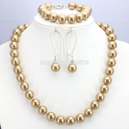 Popular Christmas Gift Women Girls 12mm Gold-Color Round Shell Pearl Beads Necklace Bracelet Earrings Sets Jewelry Making Design