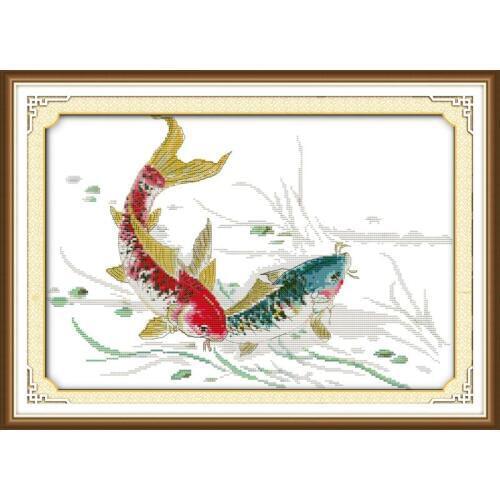 Joy Sunday Playing Carps DIY Cross Stitch Kits Embroidery Needlework Sets 11&14CT DMC Cross Stitch Cotton Decorations for Home