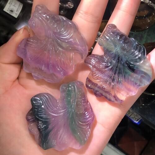 Natural fluorite Crystal hand engraving cute goldfish Healing Stone Treatment Stone Home Decor