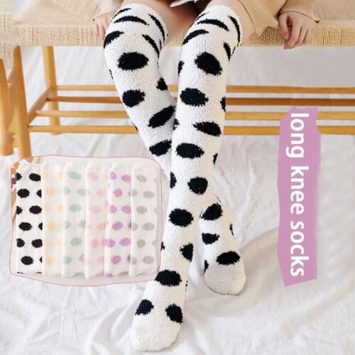 Autumn Winter Kawaii Coral Velvet Socks Women Japanese Ins Cute Sweet Dots Knee Socks Plus Velvet Thick Warm Floor Cotton Socks