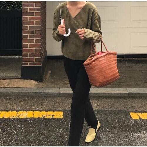 Casual Thin Jumpers Women Autumn Criss Cross V Neck Full Sleeve Short Sweater Pit-Bar Pullover Knitted Pullovers