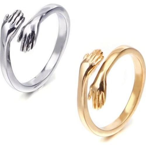 Simple Design Love Hug Open Ring For Women Creative Hands Embracing Adjustable Ring Valentine Day Party Stainless Steel Jewelry