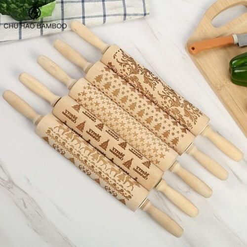 DIY Manual Christmas Embossing Rolling Pins Designe Patterns Wooden Roller Baking Embossed Cookies Kitchen Tools Elk Snowflak